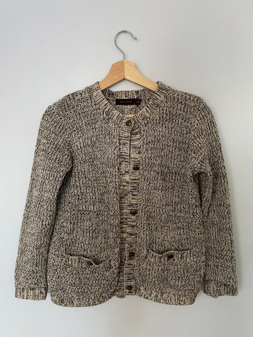 The Limited Chunky Marled Knit Cardigan in Cream and Black with Metal Buttons